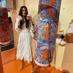 THAKOON White Smocked Waist Maxi Dress With Ladder Trim